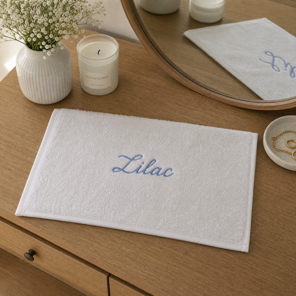 Lilac personalized bamboo hand towel, sky blue script embroidery on white — photo 9