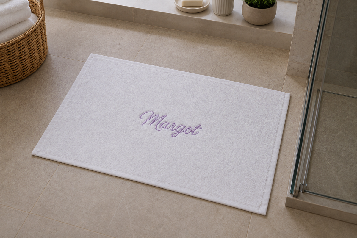 Margot personalized bamboo hand towel, lavender script embroidery on white — photo 2
