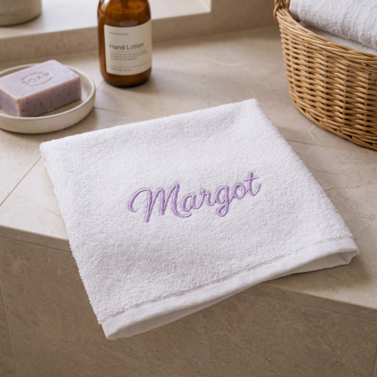 Margot personalized bamboo hand towel, lavender script embroidery on white — photo 3