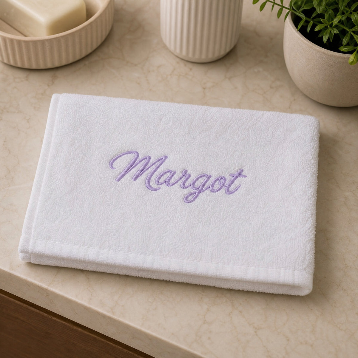 Margot personalized bamboo hand towel, lavender script embroidery on white — photo 4
