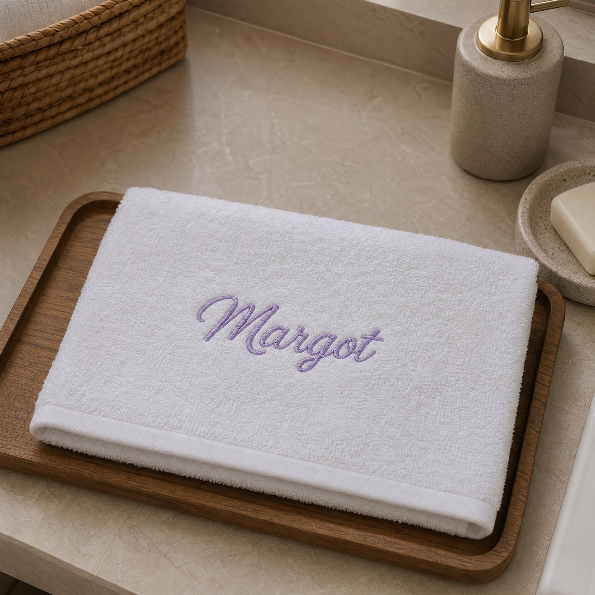 Margot personalized bamboo hand towel, lavender script embroidery on white — photo 5