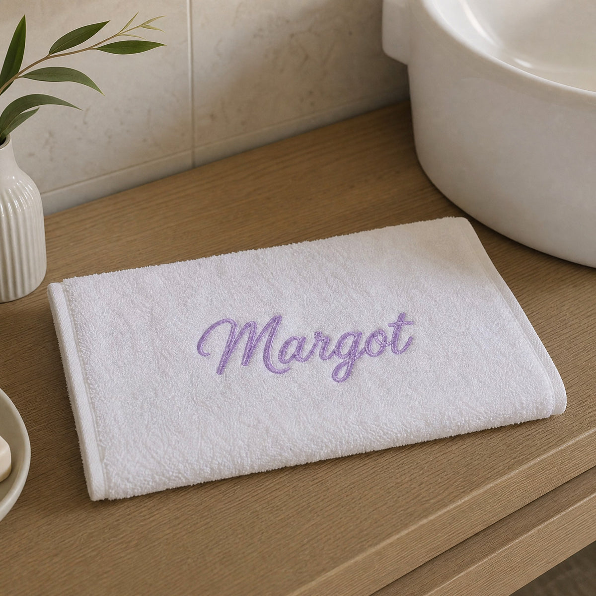 Margot personalized bamboo hand towel, lavender script embroidery on white — photo 6