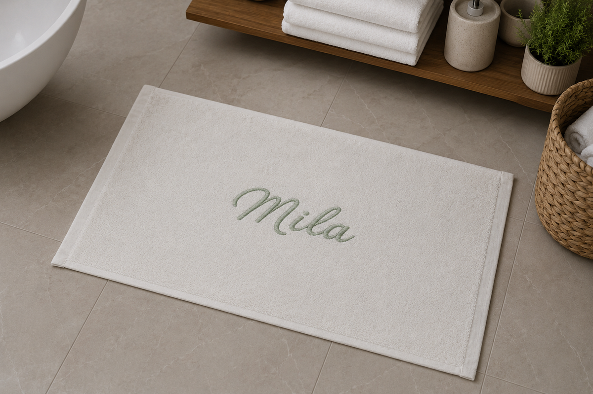 Mila personalized bamboo hand towel, sage green script embroidery on ivory — photo 2