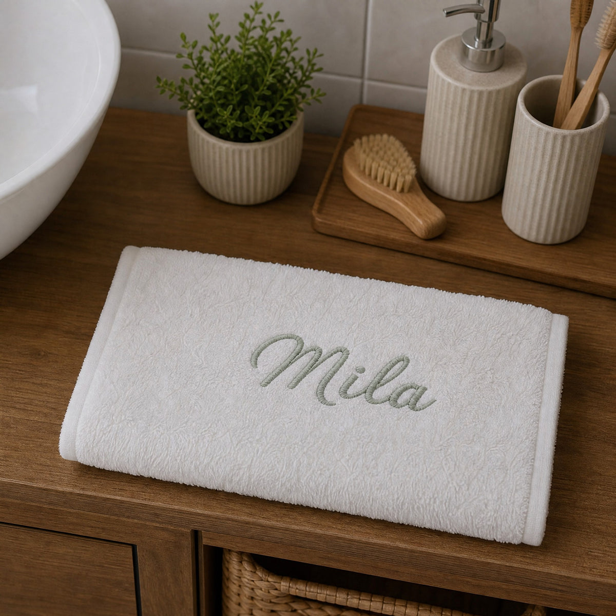 Mila personalized bamboo hand towel, sage green script embroidery on ivory — photo 3