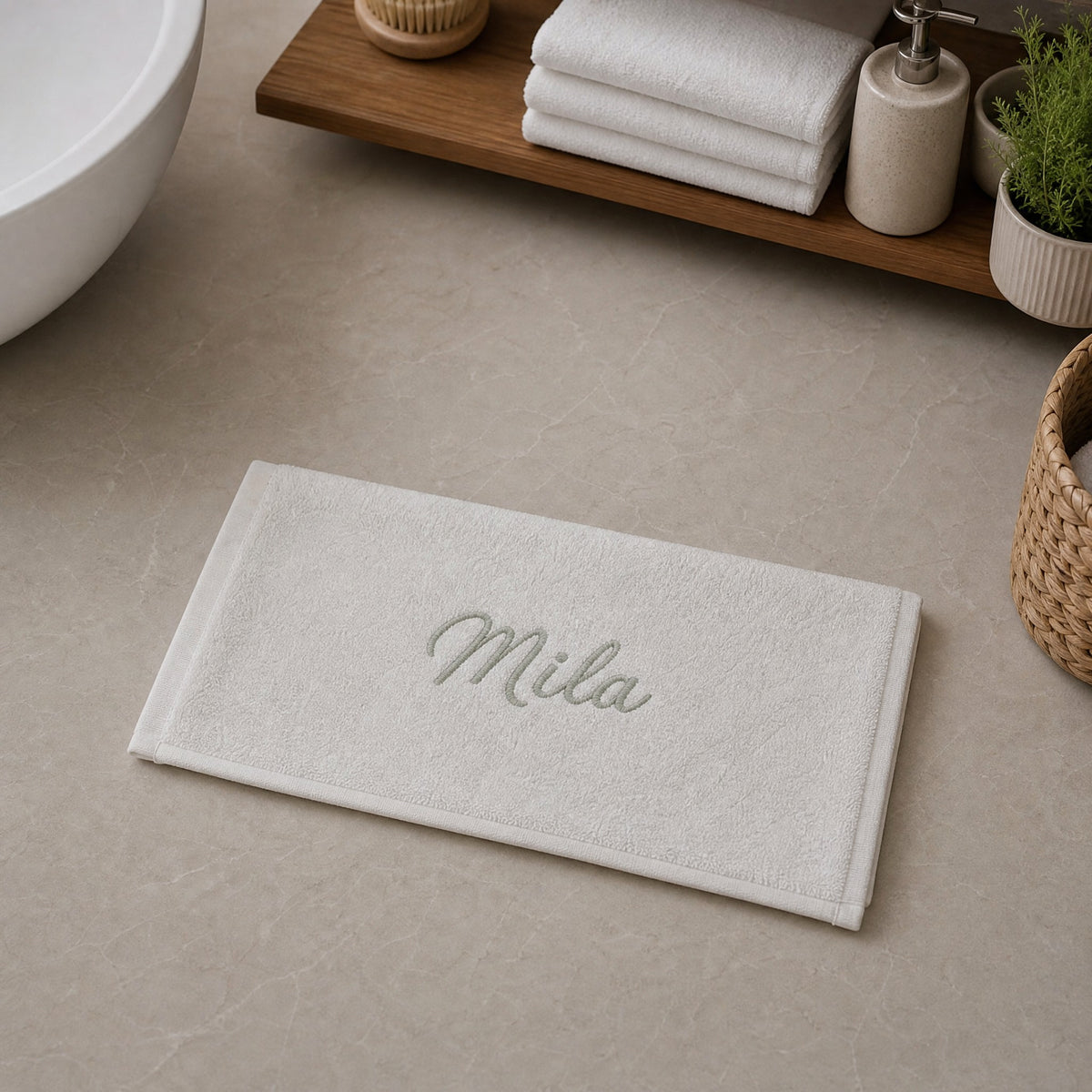 Mila personalized bamboo hand towel, sage green script embroidery on ivory — photo 5