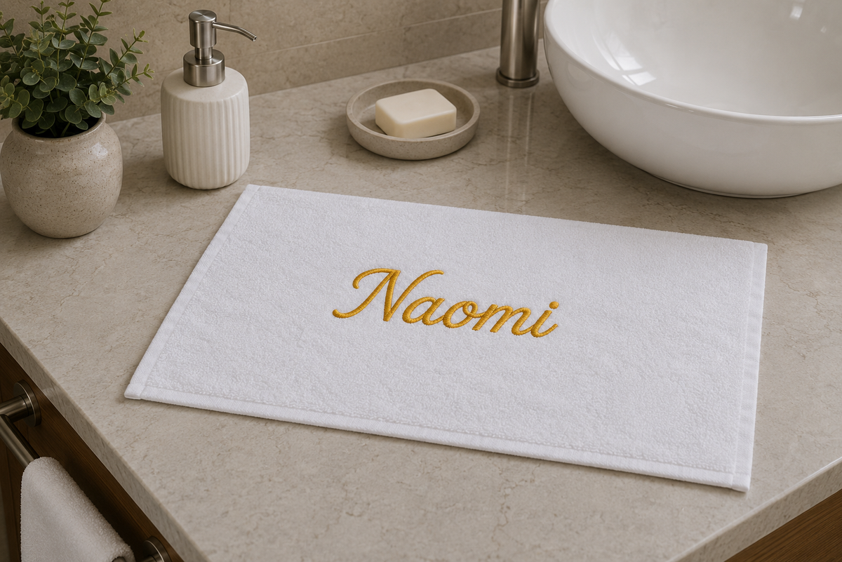 Naomi personalized bamboo hand towel, gold script embroidery on white — photo 2