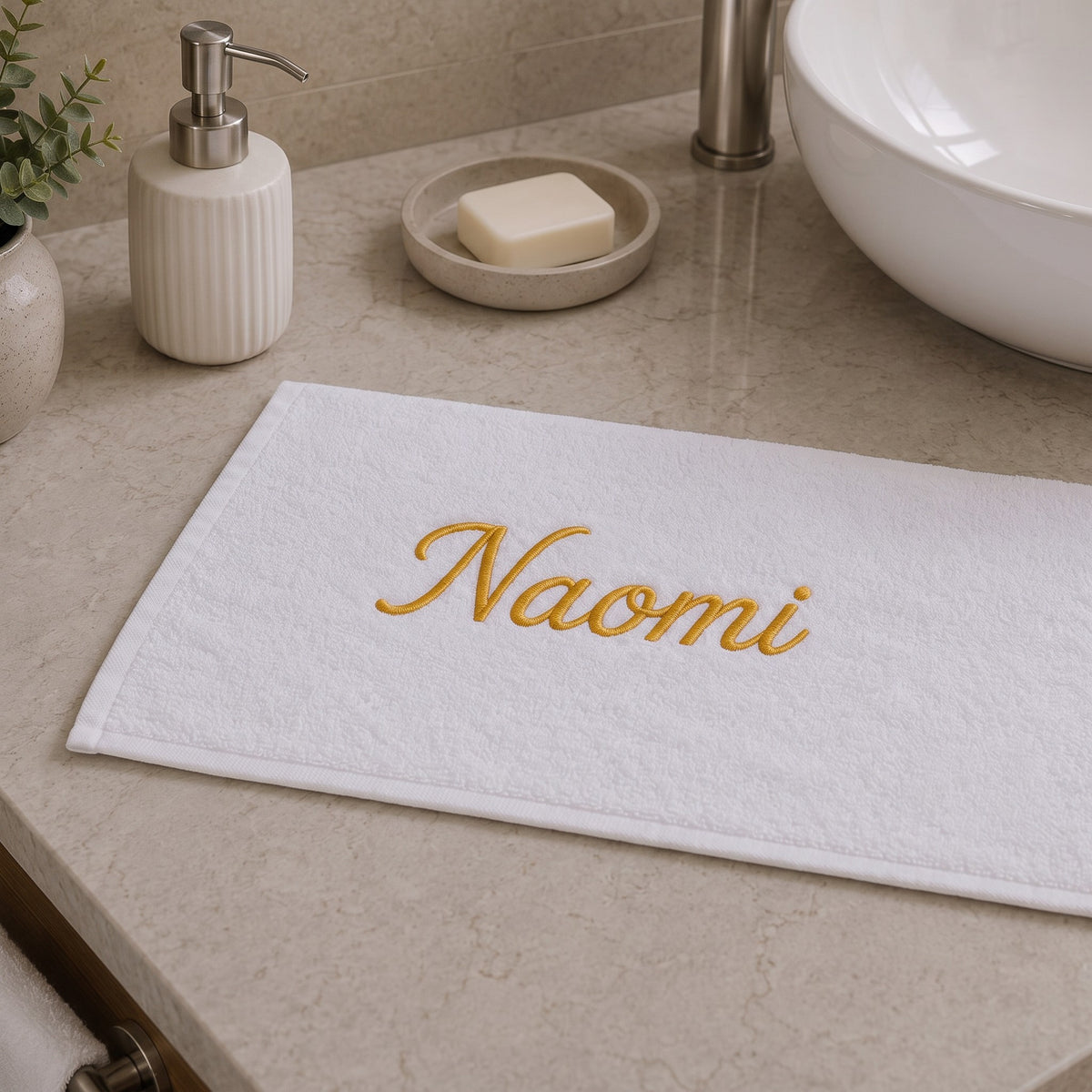Naomi personalized bamboo hand towel, gold script embroidery on white — photo 3