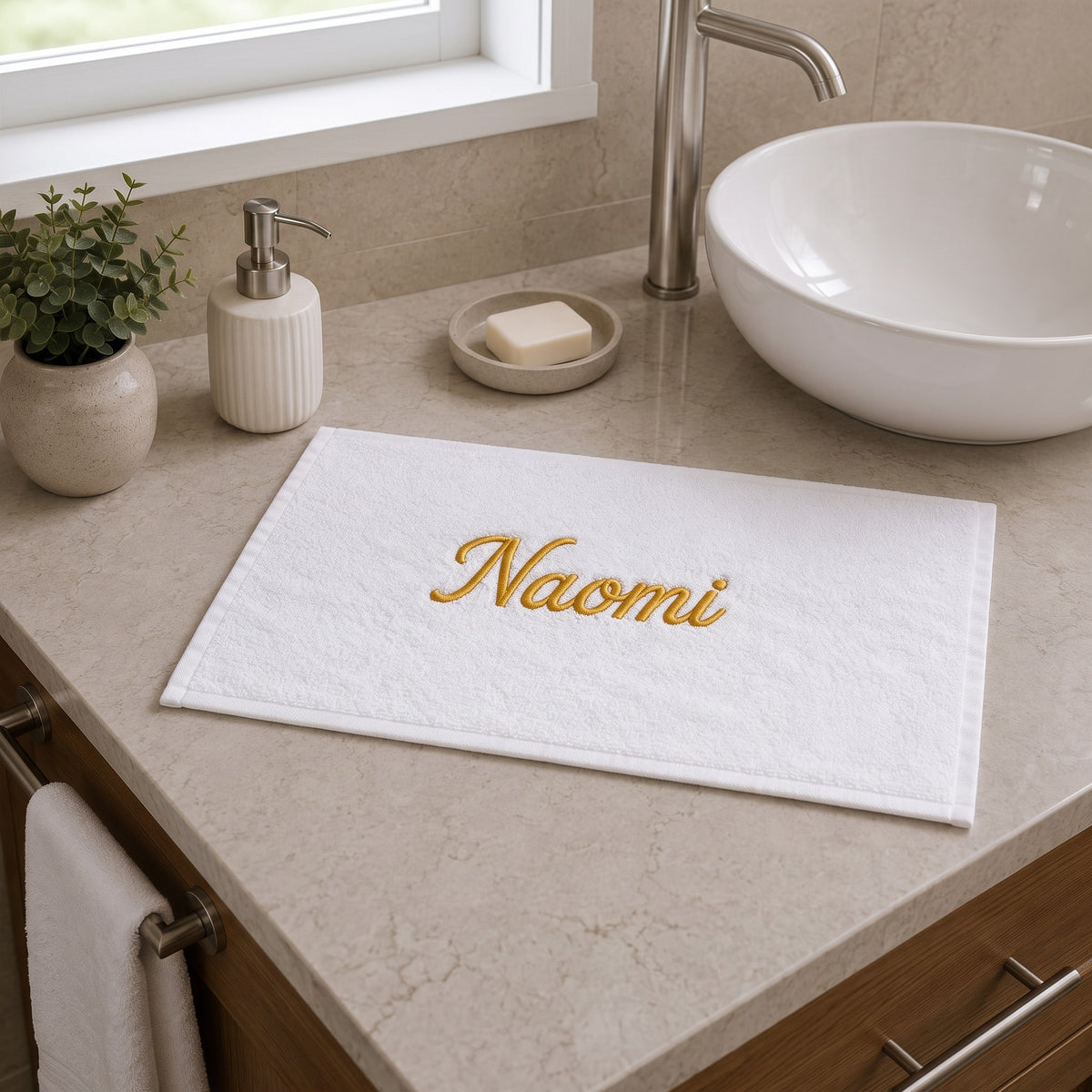 Naomi personalized bamboo hand towel, gold script embroidery on white — photo 6
