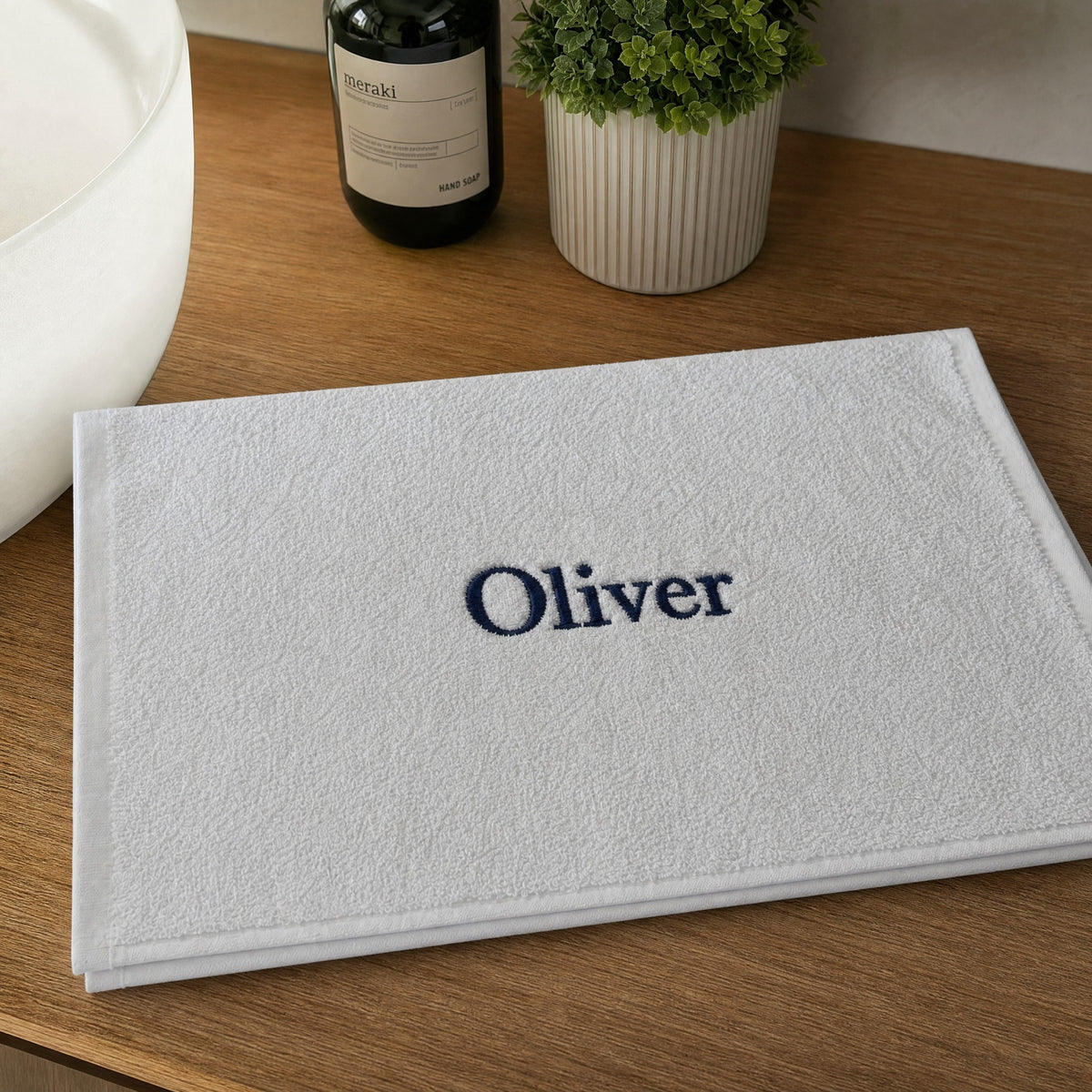Oliver personalized bamboo hand towel, navy serif embroidery on light gray — photo 2