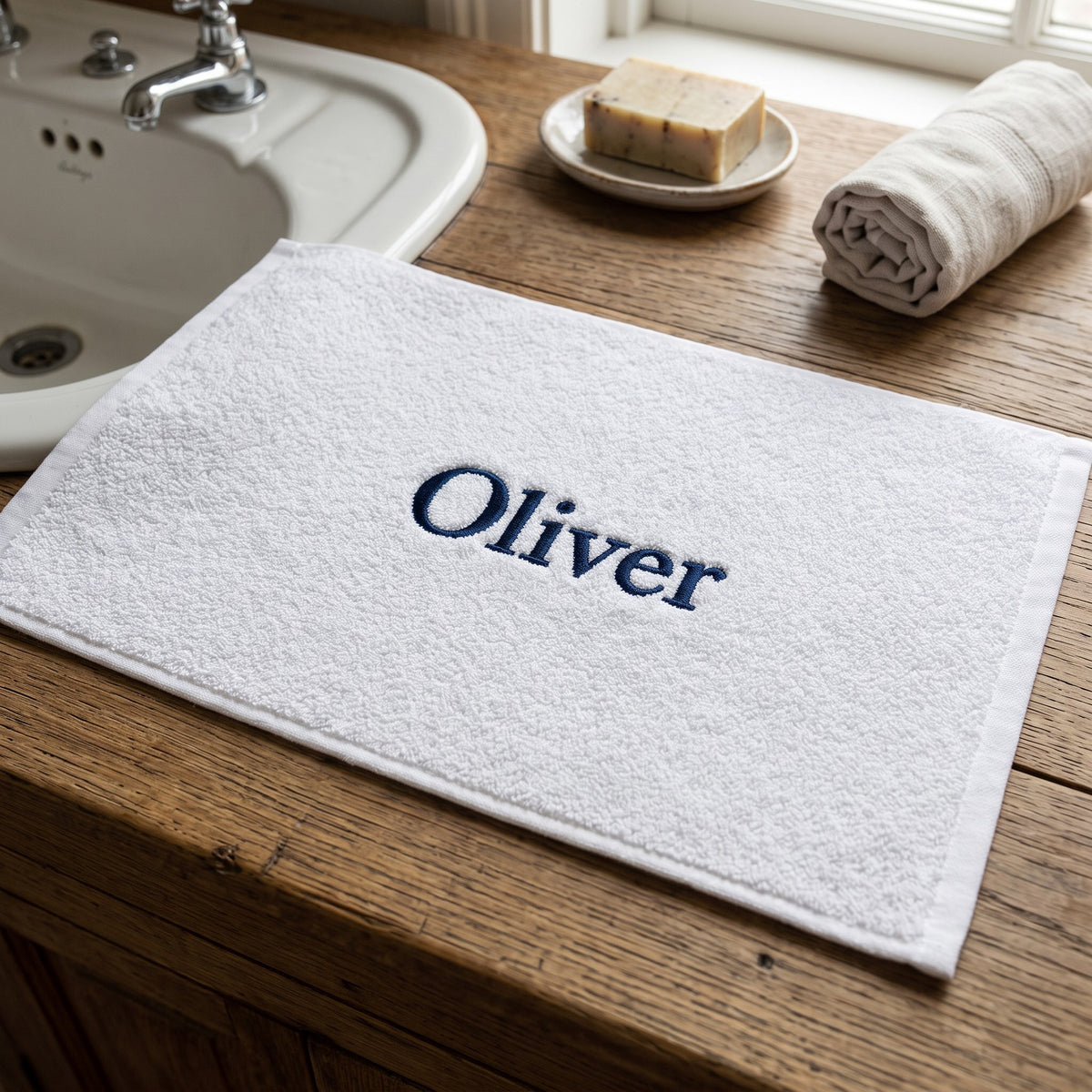 Oliver personalized bamboo hand towel, navy serif embroidery on light gray — photo 4
