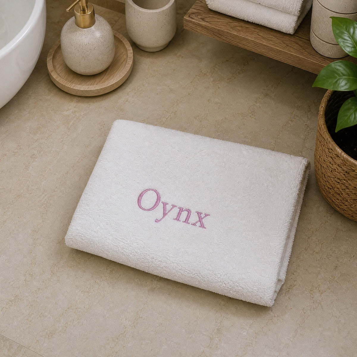 Oynx personalized bamboo hand towel, pink serif embroidery on white