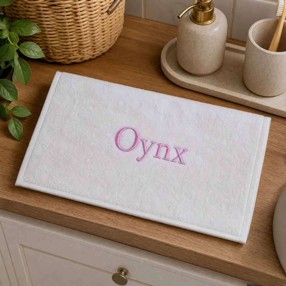 Oynx personalized bamboo hand towel, pink serif embroidery on white — photo 4
