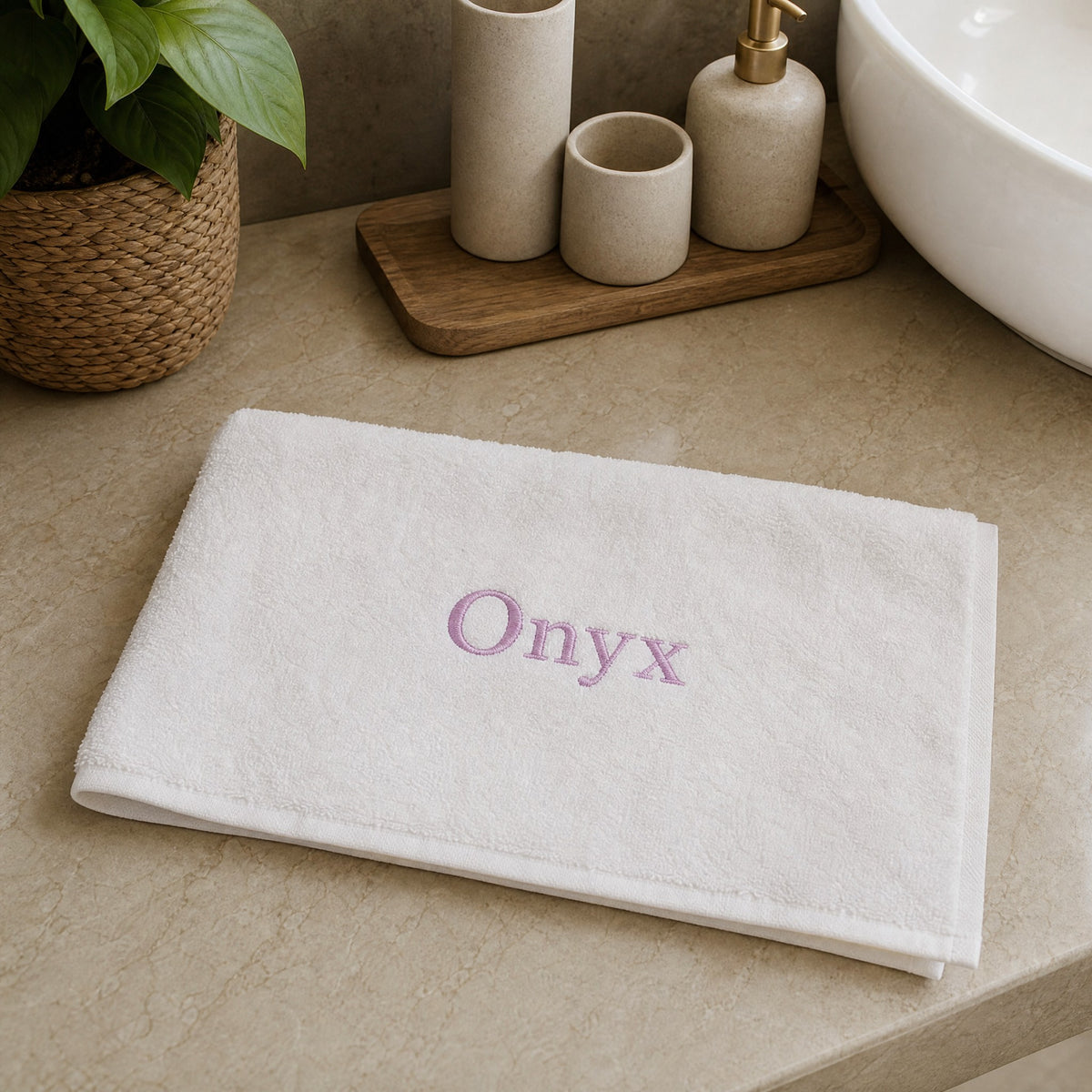 Oynx personalized bamboo hand towel, pink serif embroidery on white — photo 5
