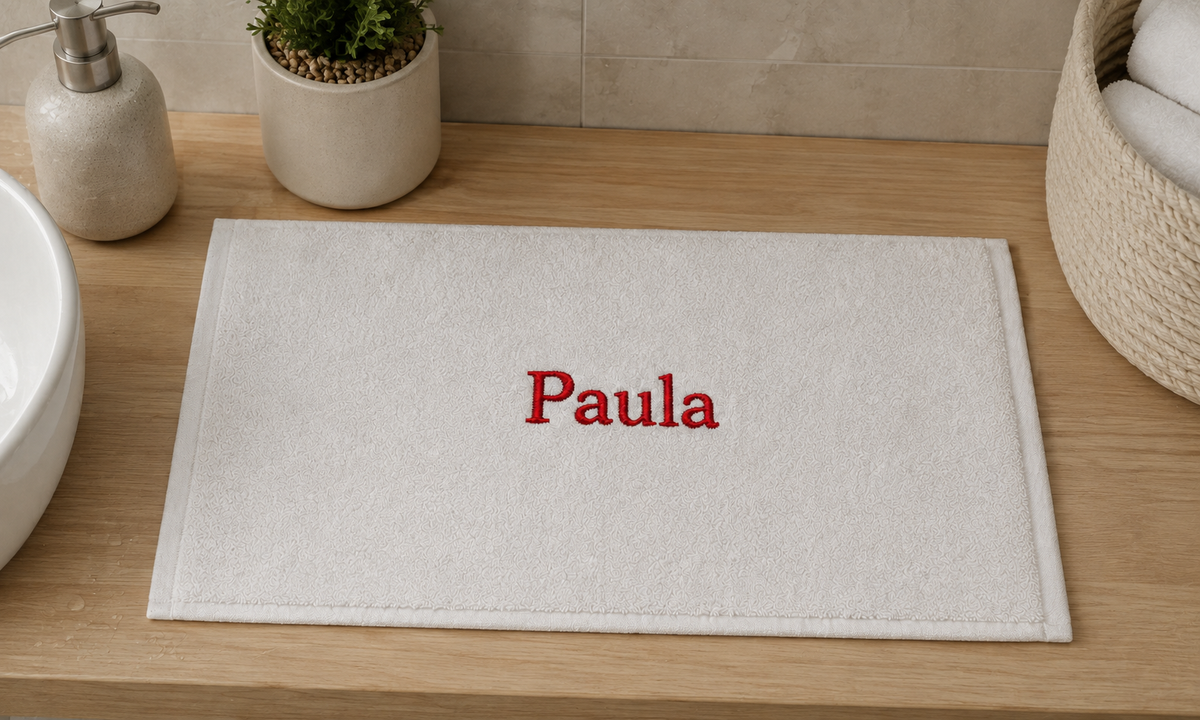 Paula personalized bamboo hand towel, red serif embroidery on white
