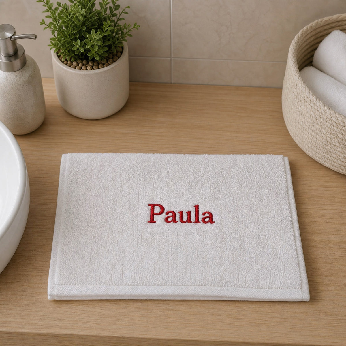 Paula personalized bamboo hand towel, red serif embroidery on white — photo 2