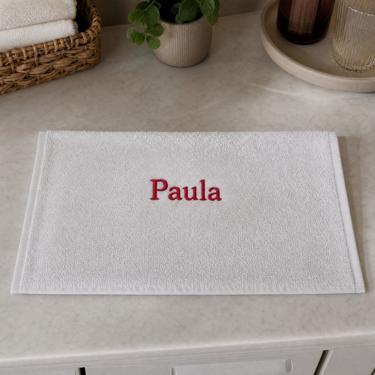 Paula personalized bamboo hand towel, red serif embroidery on white — photo 4