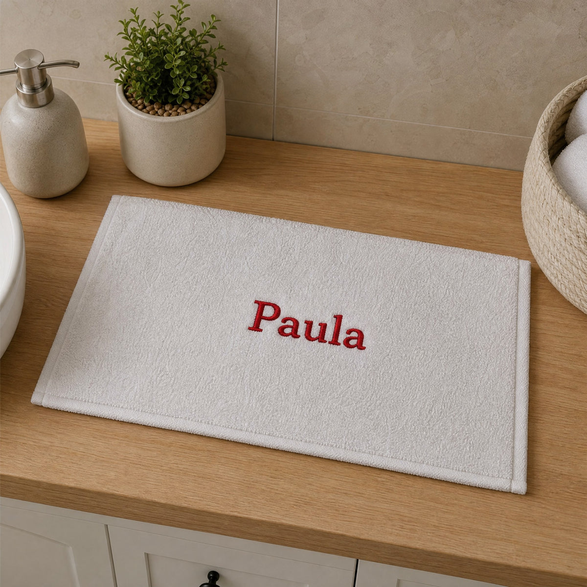 Paula personalized bamboo hand towel, red serif embroidery on white — photo 6