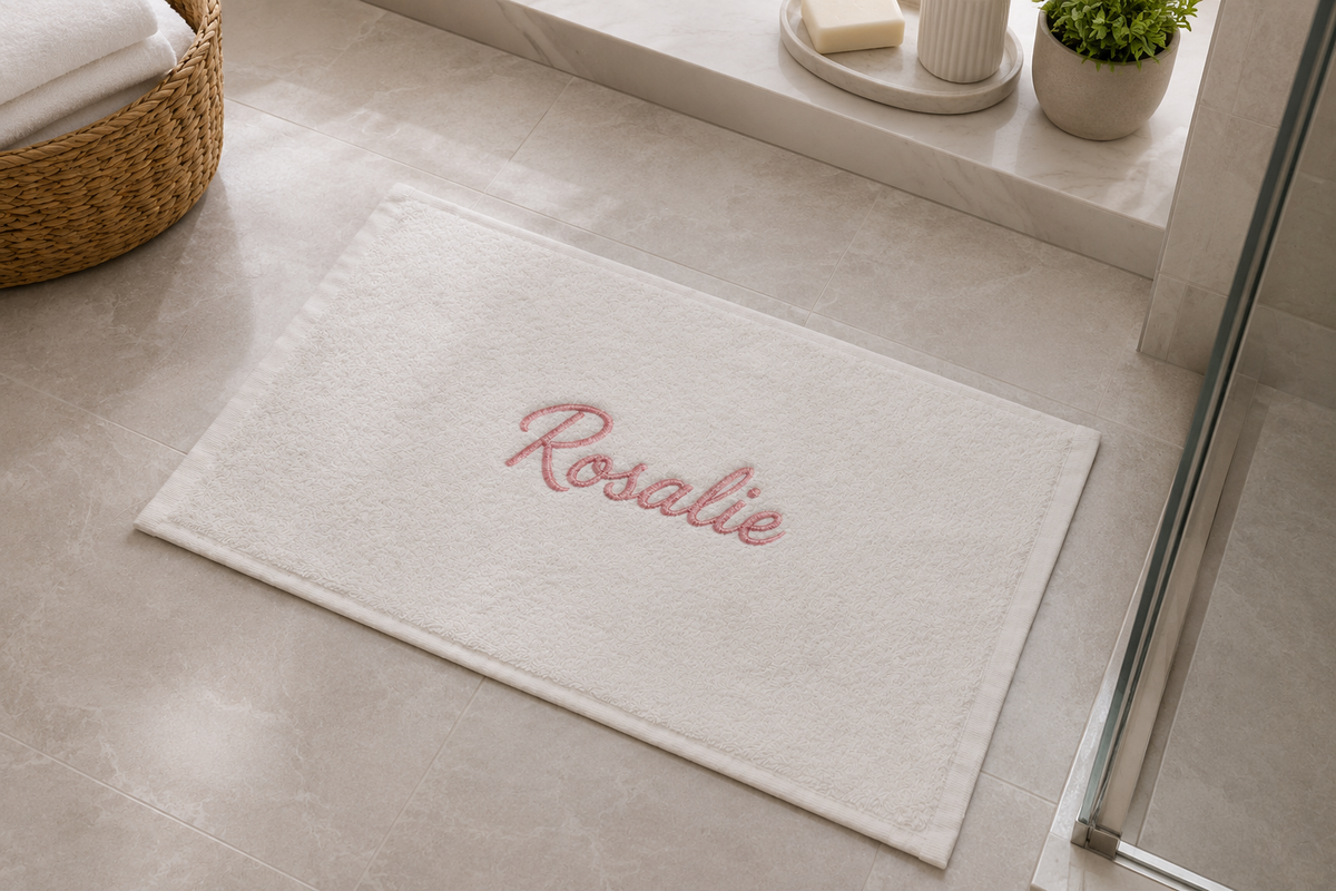 Rosalie personalized bamboo hand towel, pink script embroidery on ivory — photo 2