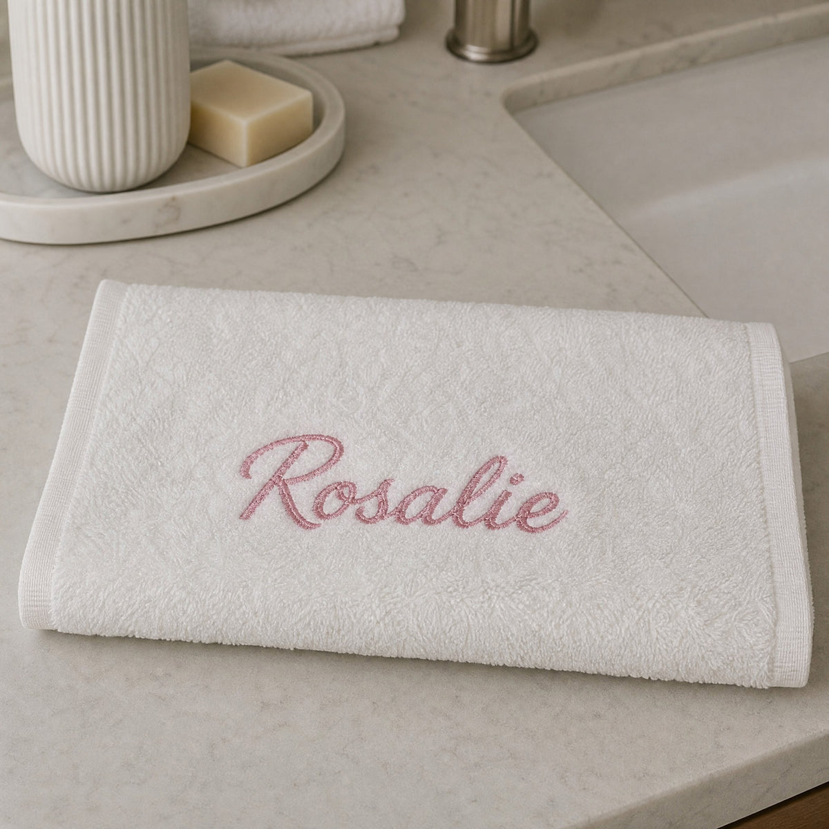 Rosalie personalized bamboo hand towel, pink script embroidery on ivory — photo 3