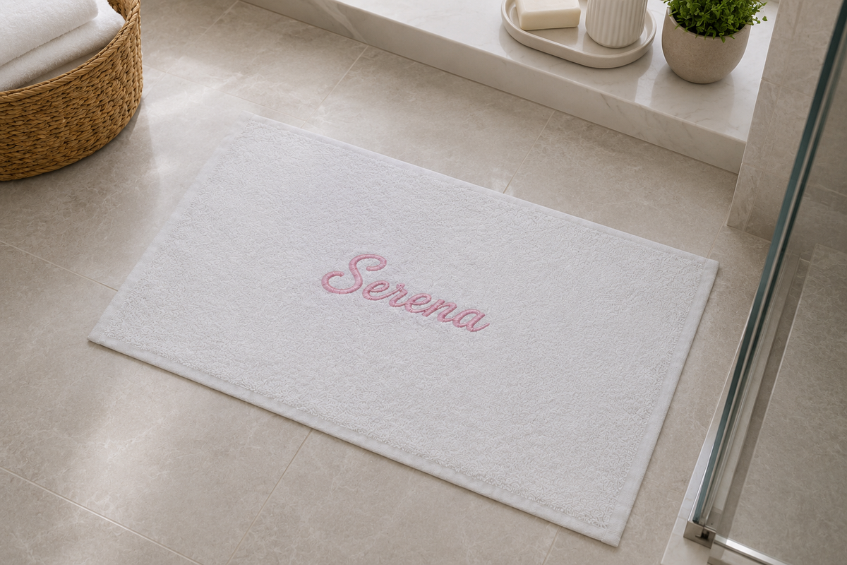Serena personalized bamboo hand towel, pink script embroidery on light gray — photo 2