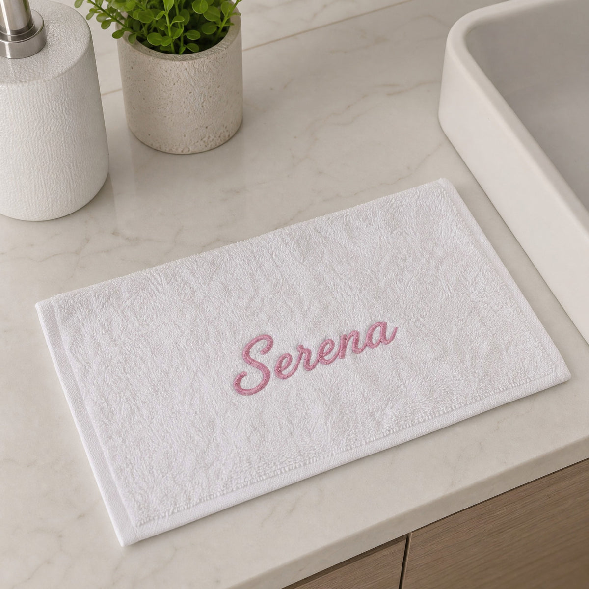 Serena personalized bamboo hand towel, pink script embroidery on light gray — photo 3