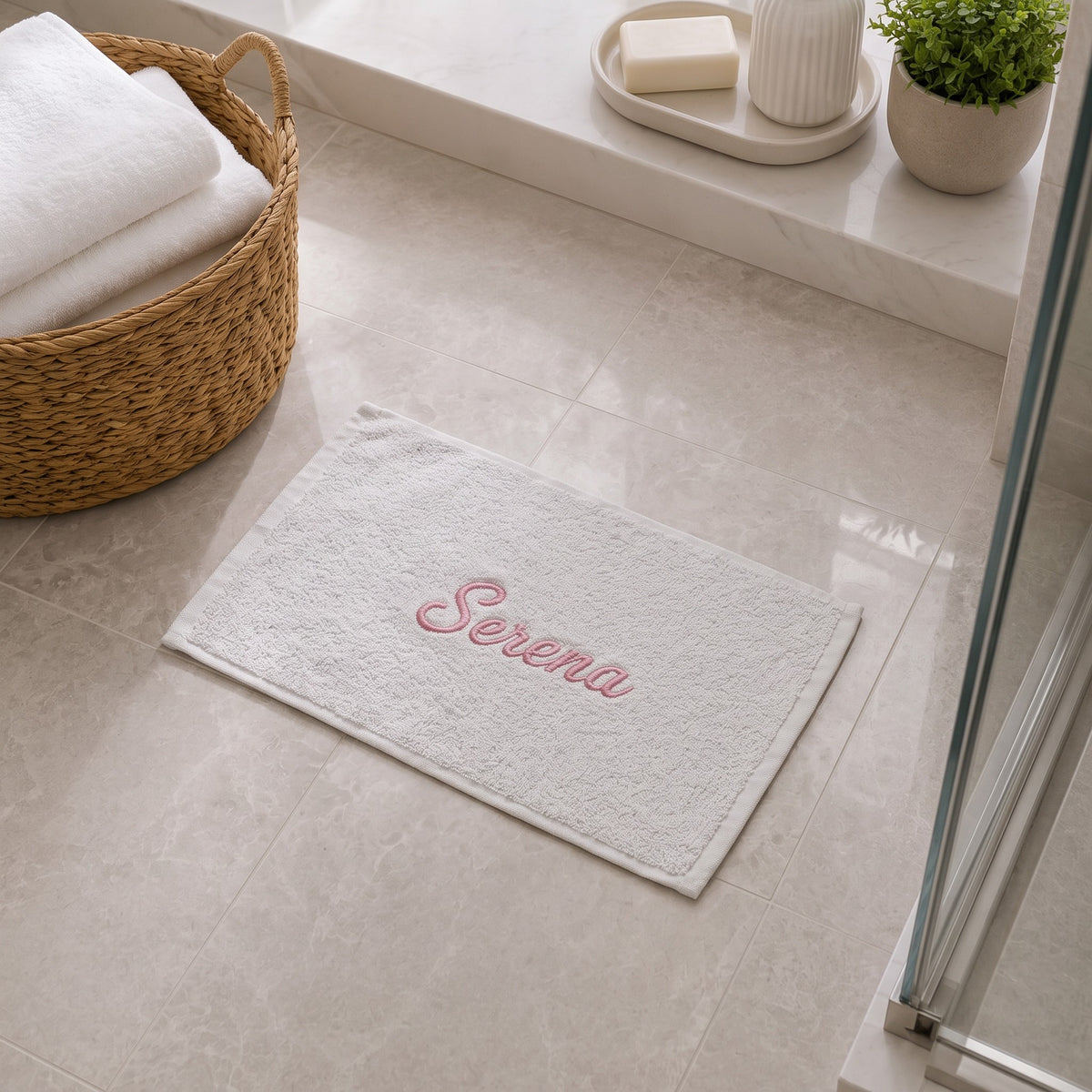 Serena personalized bamboo hand towel, pink script embroidery on light gray — photo 4