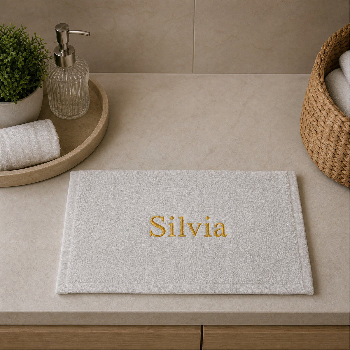 Silvia personalized bamboo hand towel, gold serif embroidery on white — photo 2