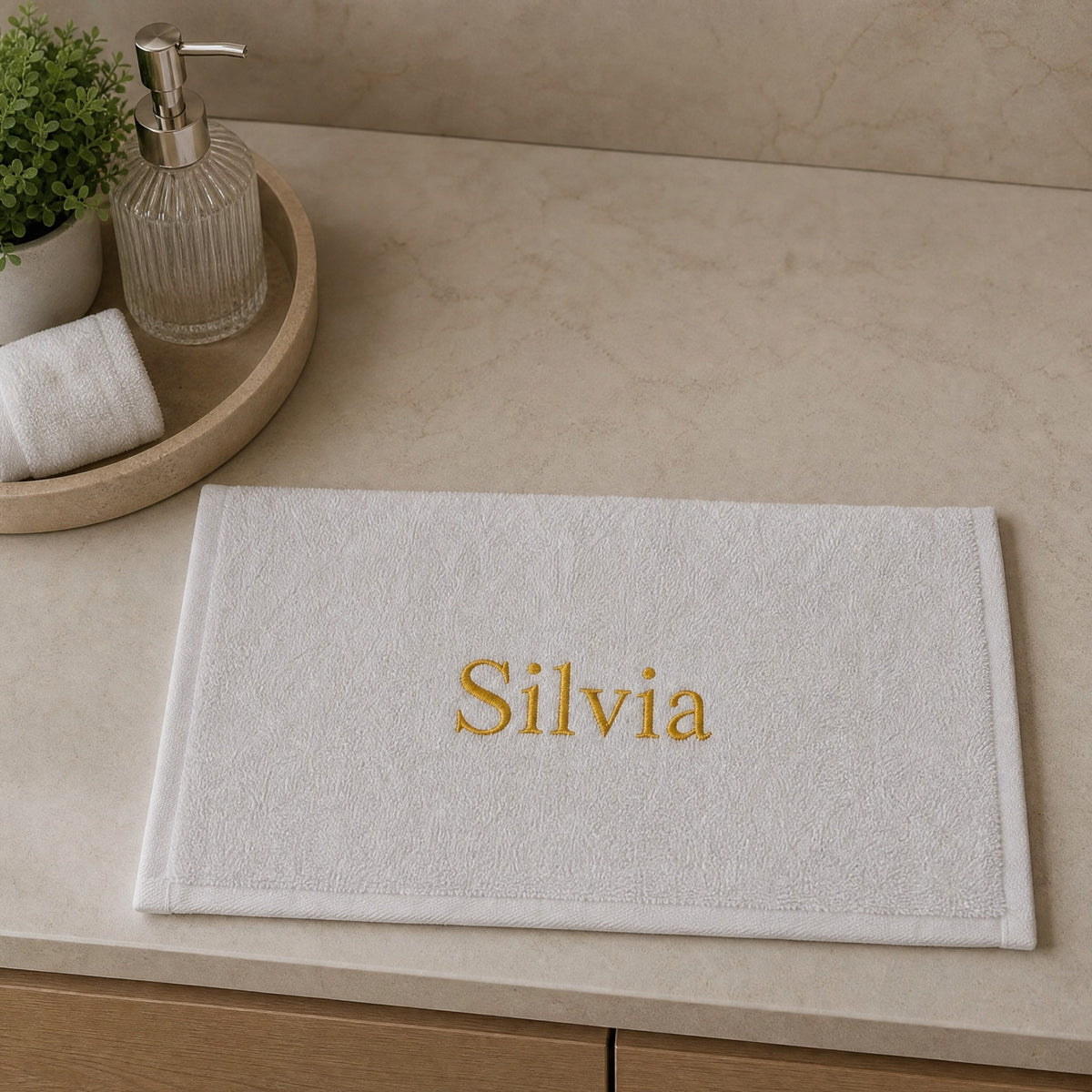 Silvia personalized bamboo hand towel, gold serif embroidery on white — photo 5