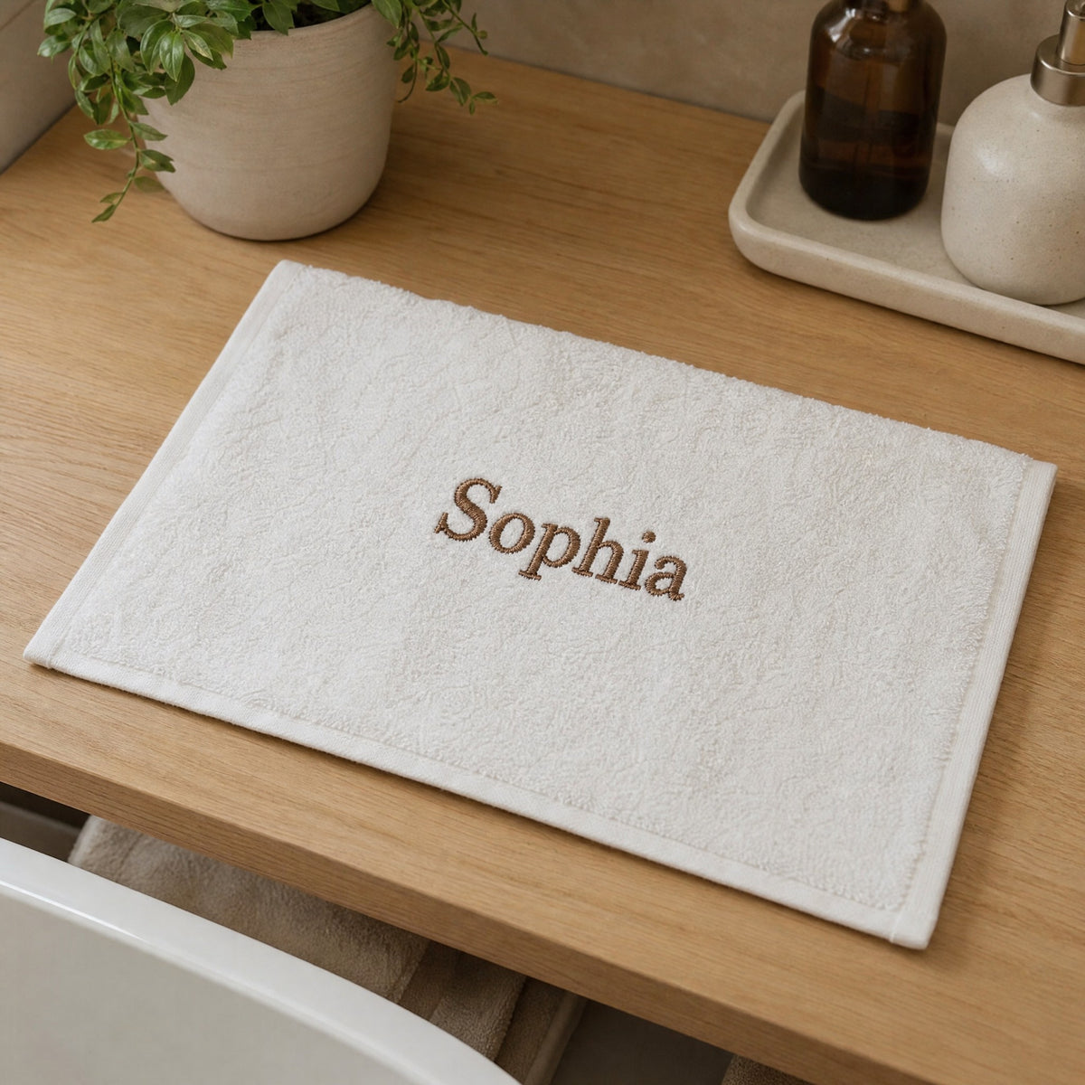 Sophia personalized bamboo hand towel, brown serif embroidery on ivory — photo 3