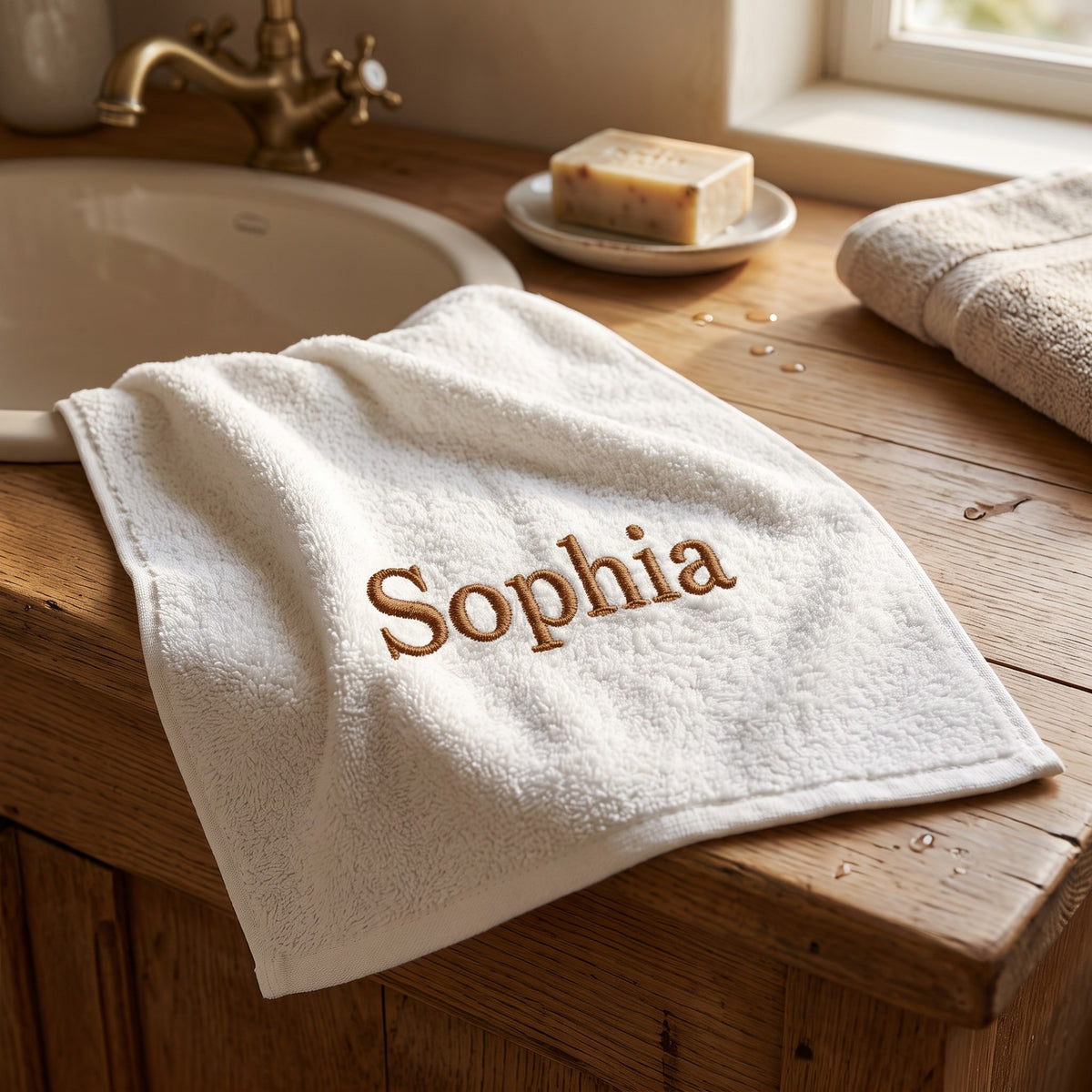 Sophia personalized bamboo hand towel, brown serif embroidery on ivory — photo 4