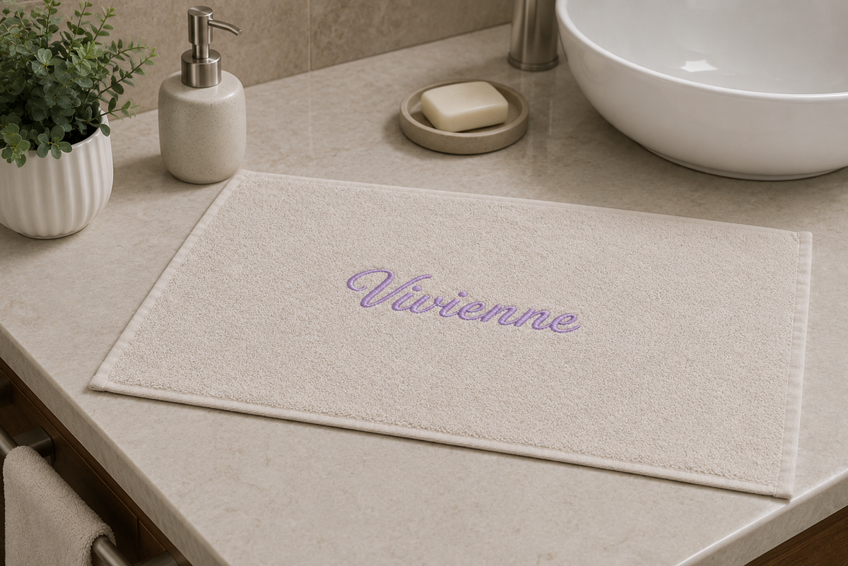 Vivienne personalized bamboo hand towel, lavender script embroidery on ivory — photo 2