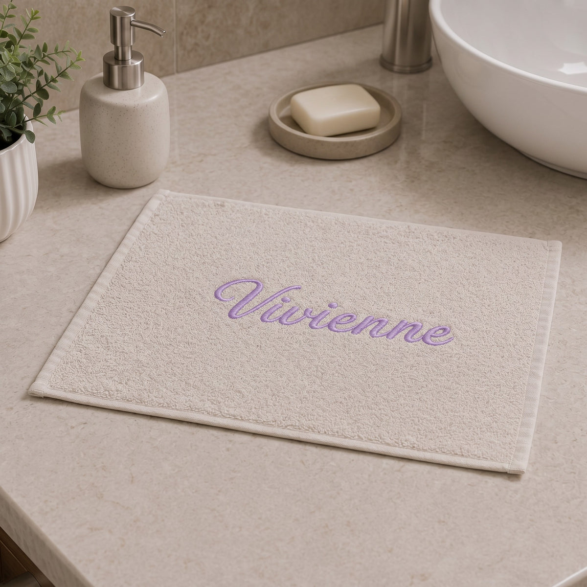 Vivienne personalized bamboo hand towel, lavender script embroidery on ivory — photo 3