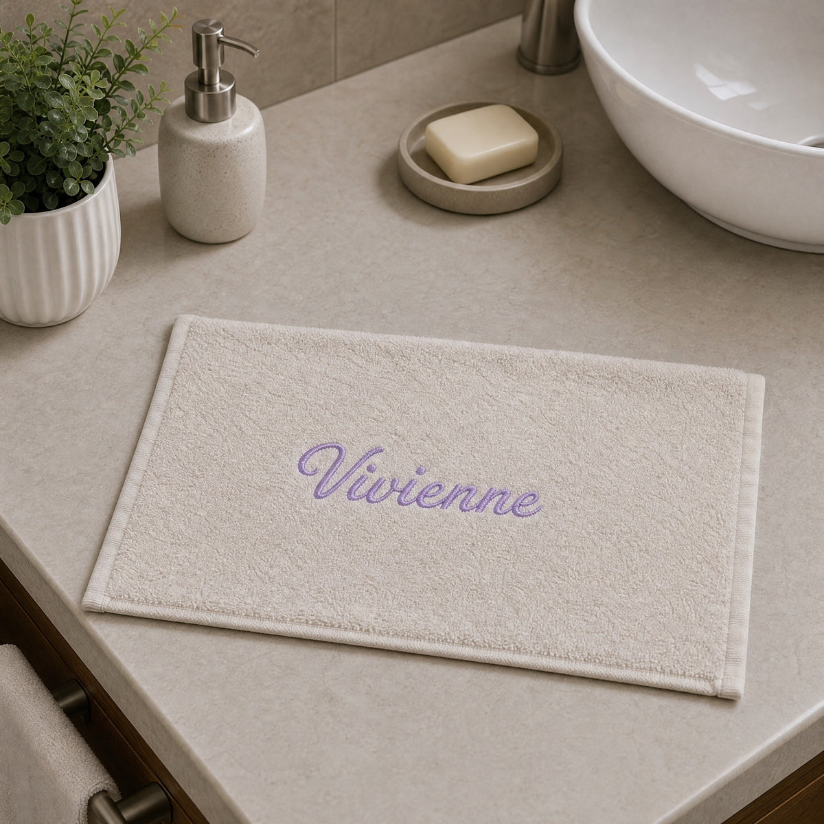 Vivienne personalized bamboo hand towel, lavender script embroidery on ivory — photo 4