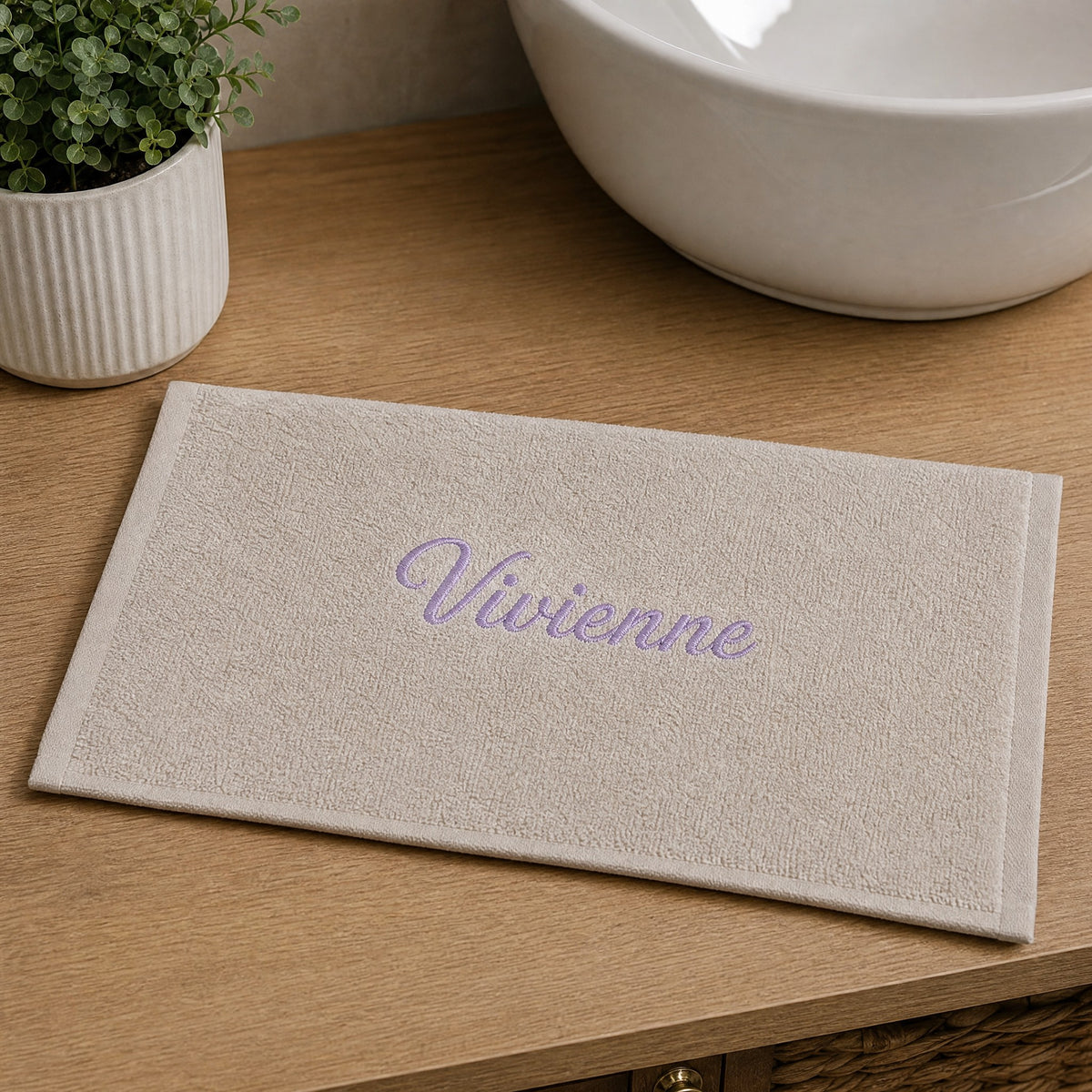 Vivienne personalized bamboo hand towel, lavender script embroidery on ivory — photo 5