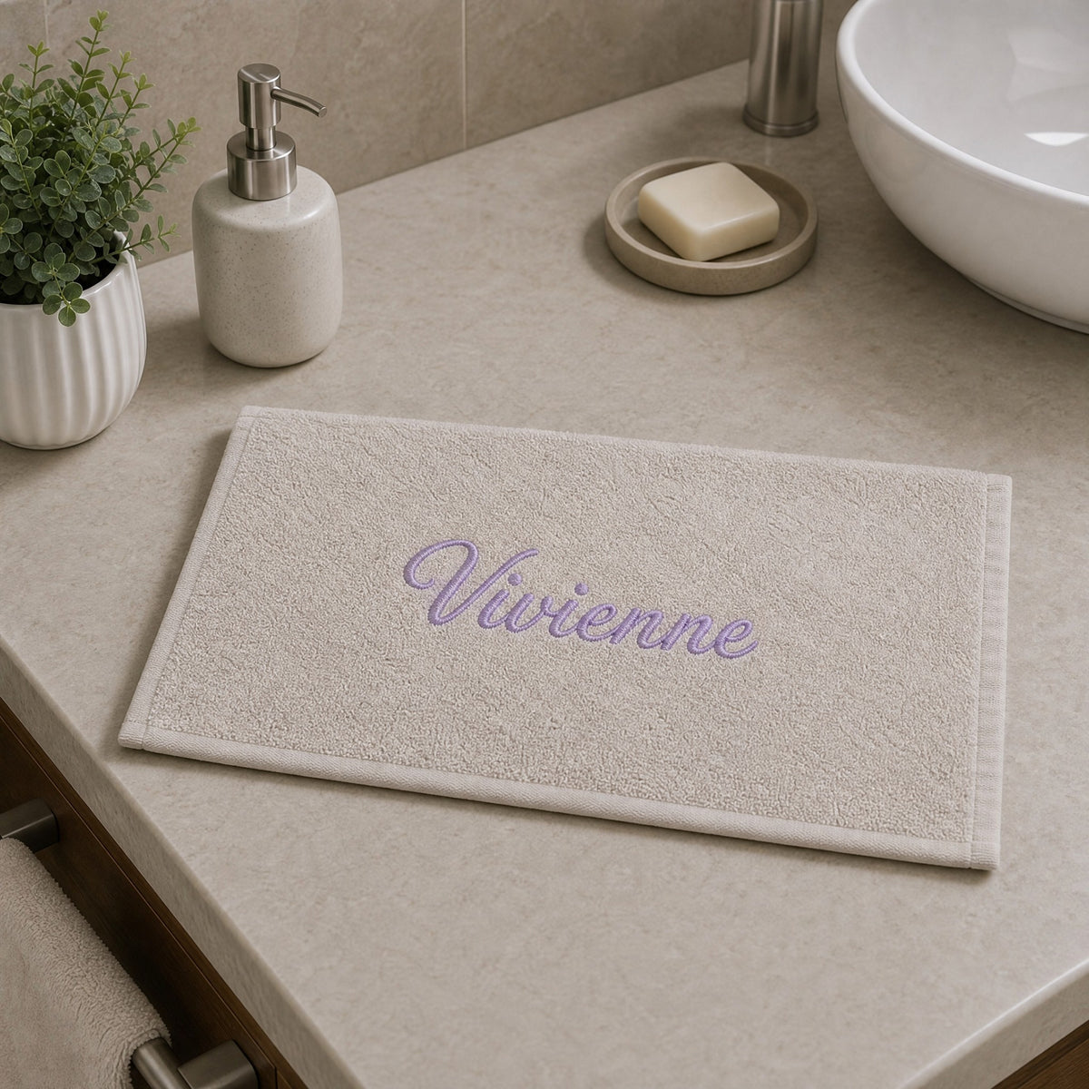 Vivienne personalized bamboo hand towel, lavender script embroidery on ivory — photo 6