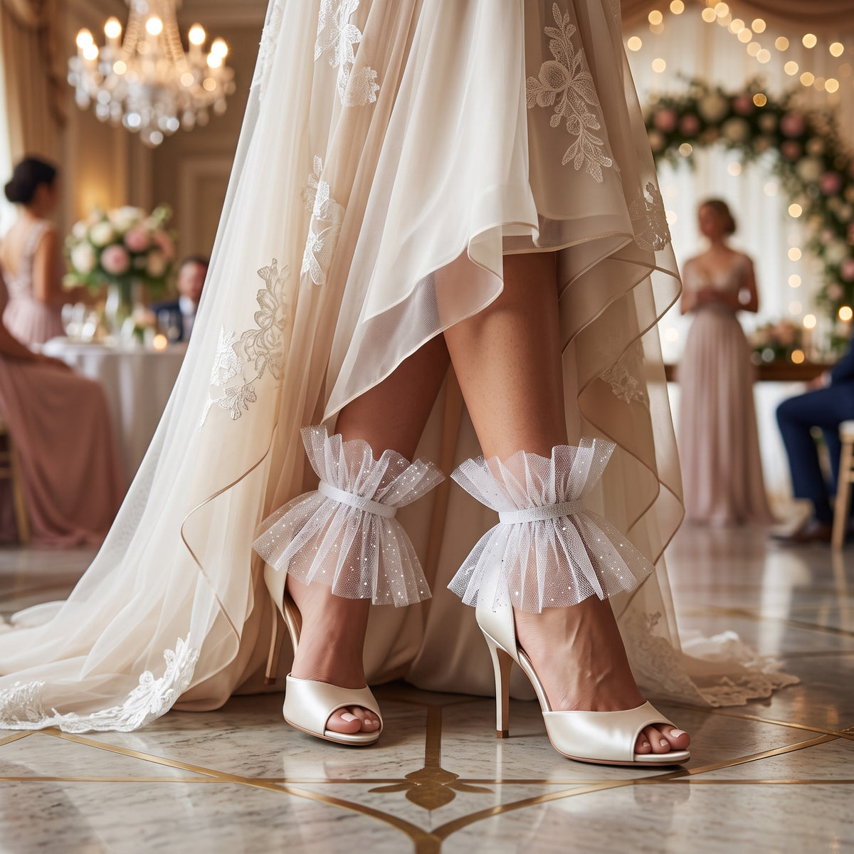 White Glitter Tulle Ruffle Ankle Cuffs, worn under a lace wedding gown with ivory heels