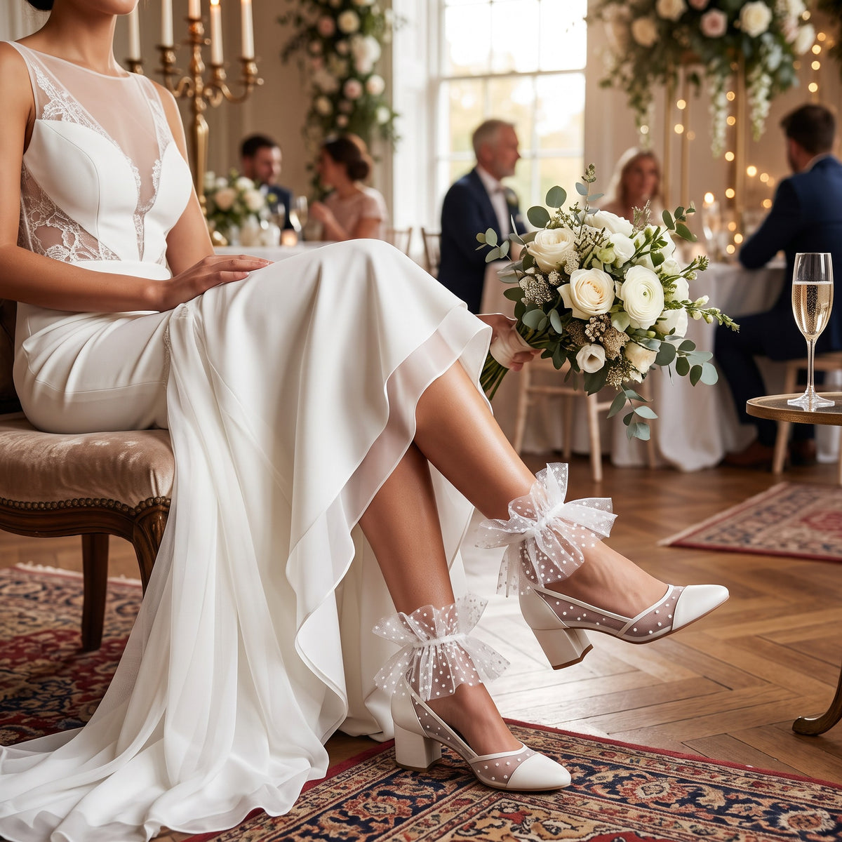 White Polka Dot Tulle Ankle Cuffs, worn by a bride in a white gown, seated with her bouquet