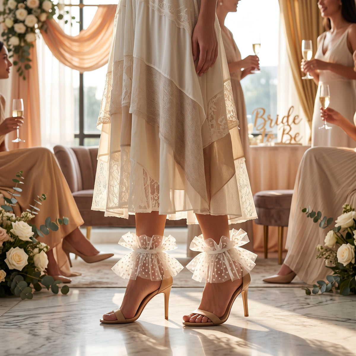 White Polka Dot Tulle Ankle Cuffs, worn with nude sandals at a bridal shower