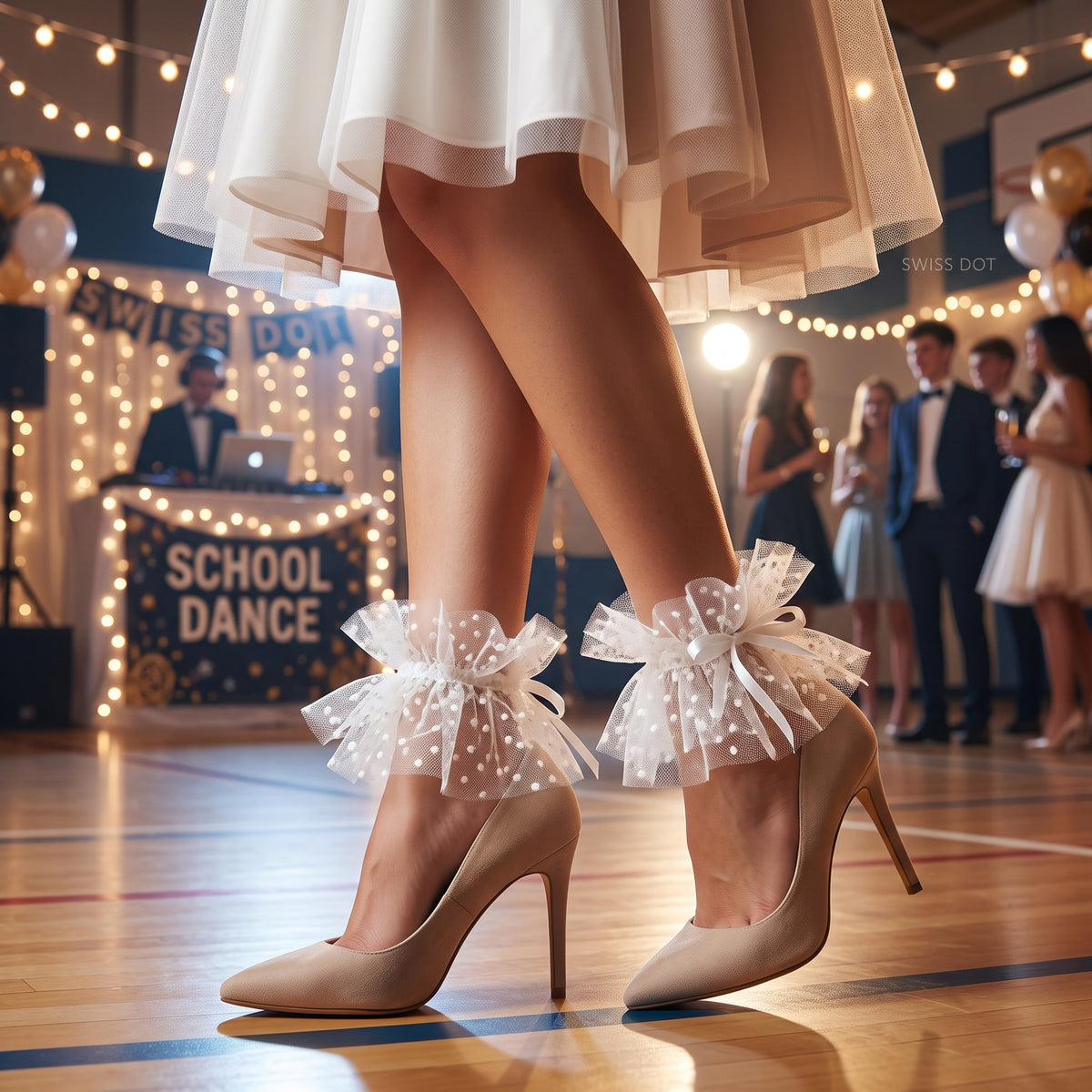 White Polka Dot Tulle Ankle Cuffs, worn with nude heels at a school dance