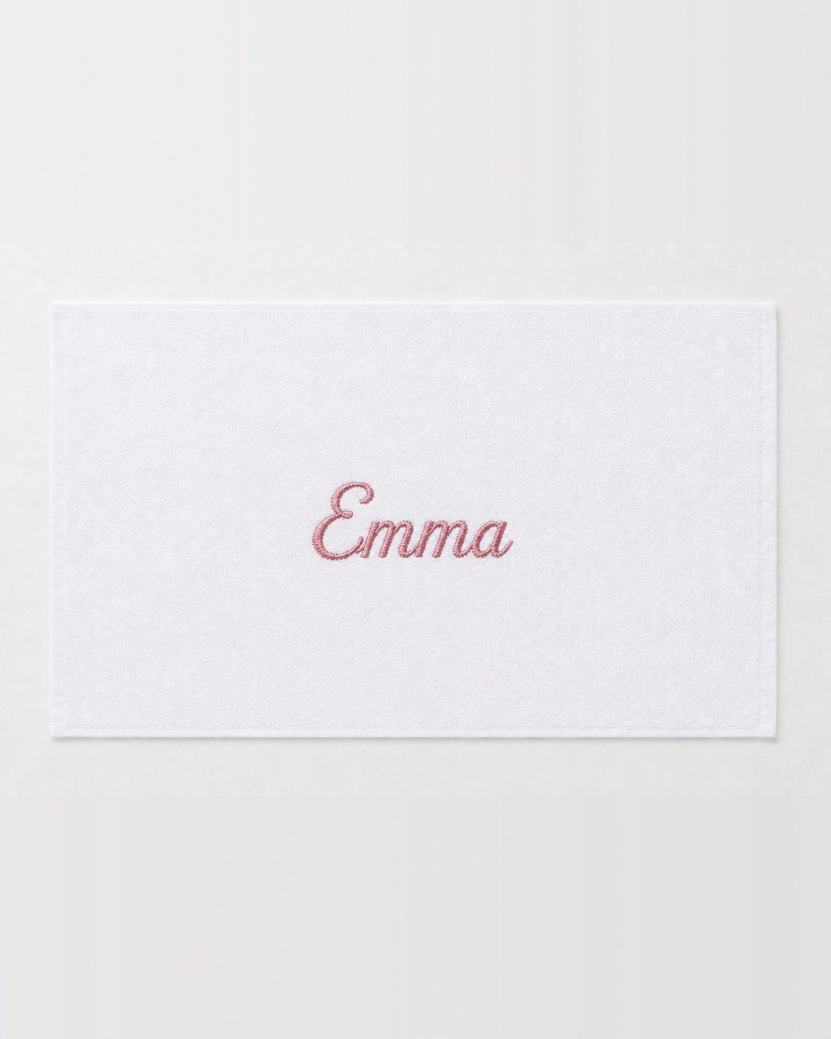 Emma personalized bamboo hand towel, dusty pink script embroidery on white