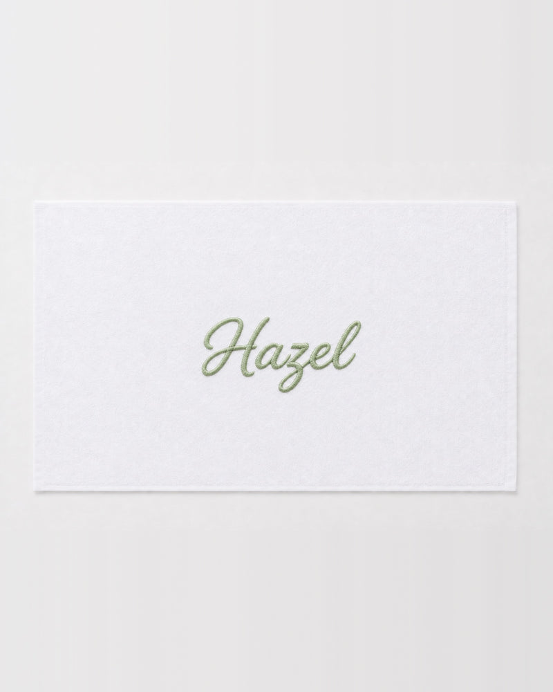 Hazel Embroidered Bamboo Hand Towel | Personalized Name Towel, Sage green Script on White