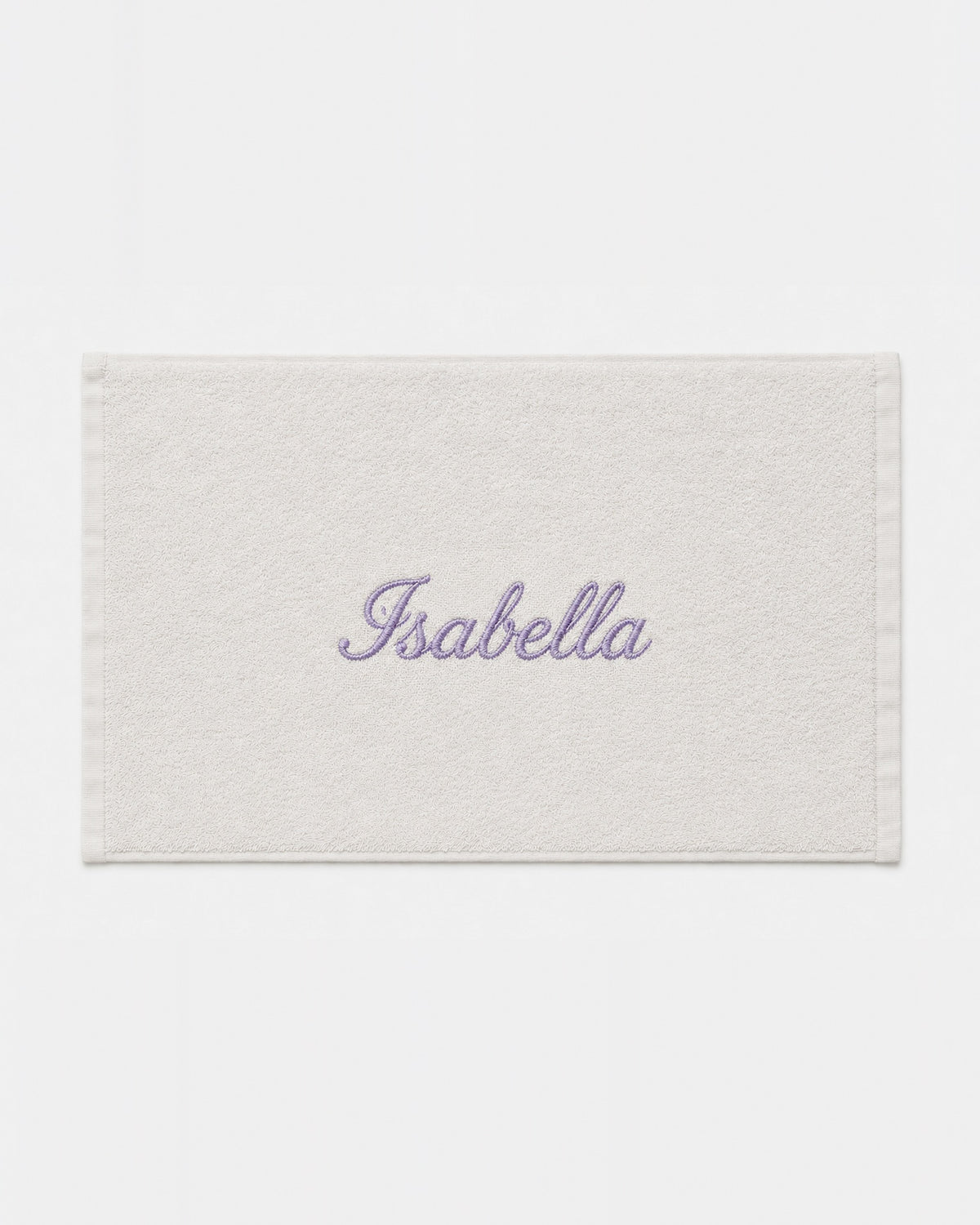 Isabella personalized bamboo hand towel, lavender script embroidery on ivory