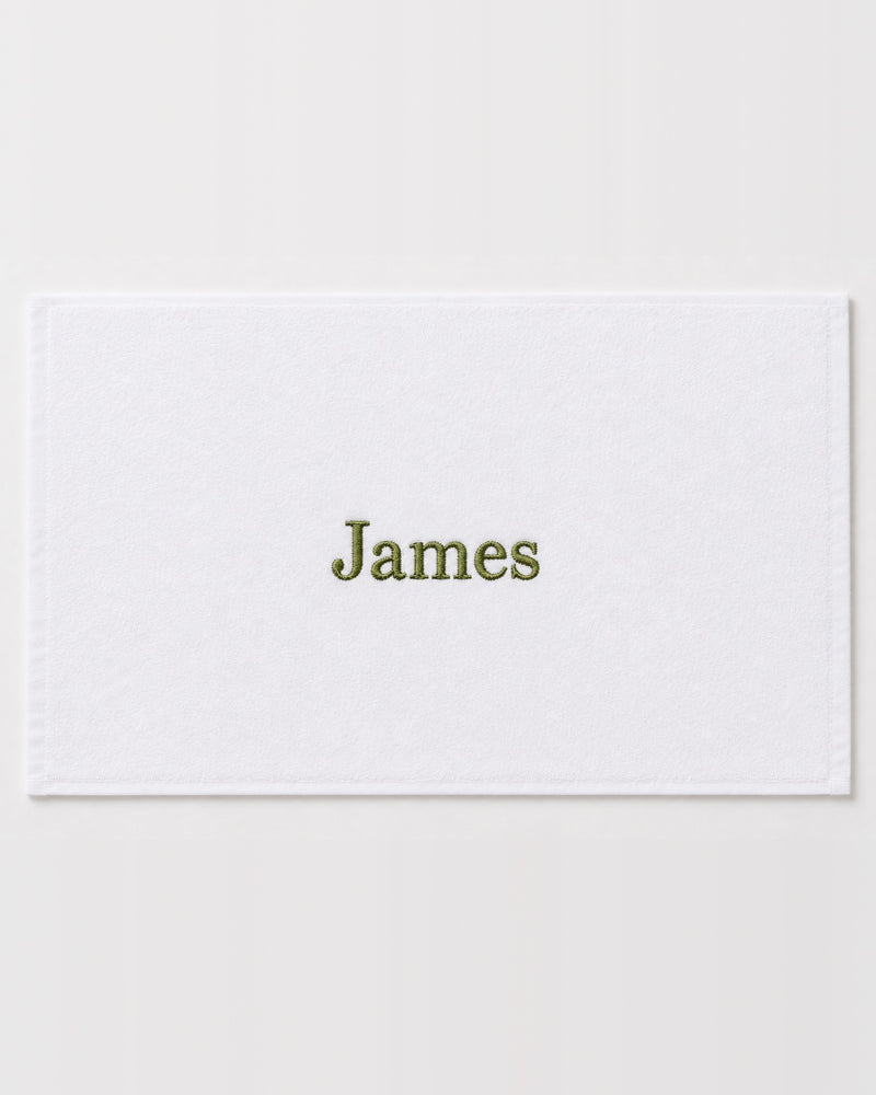 James Embroidered Bamboo Hand Towel | Personalized Name Towel, Olive green Serif on White