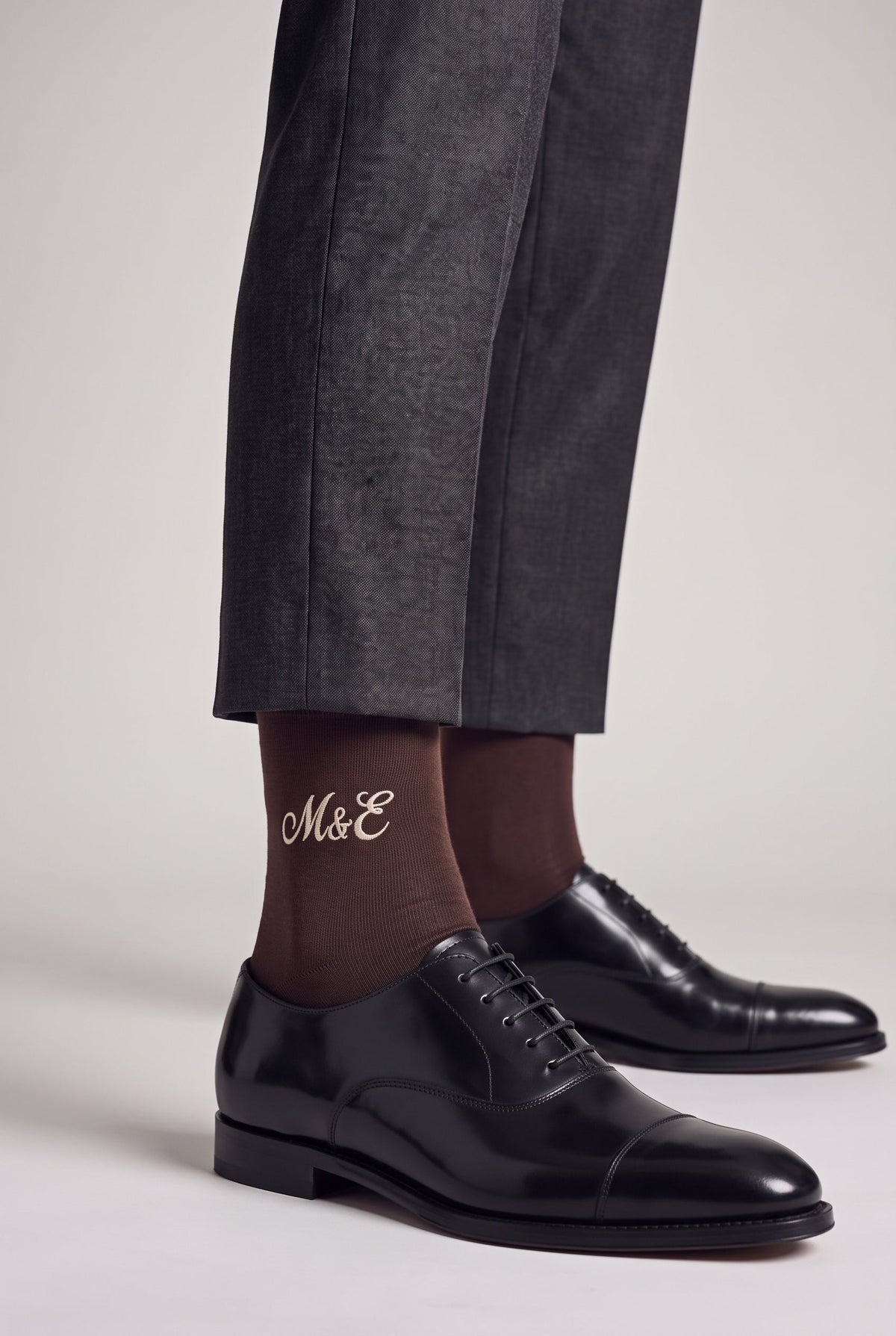 Brown personalized embroidered plain dress socks, worn, second angle — made to order