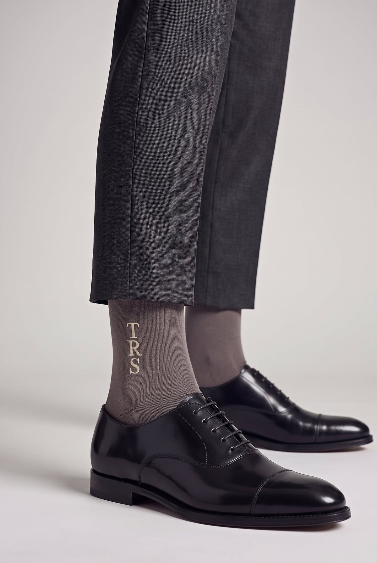 Dark Mink personalized embroidered plain dress socks, worn, second angle — made to order