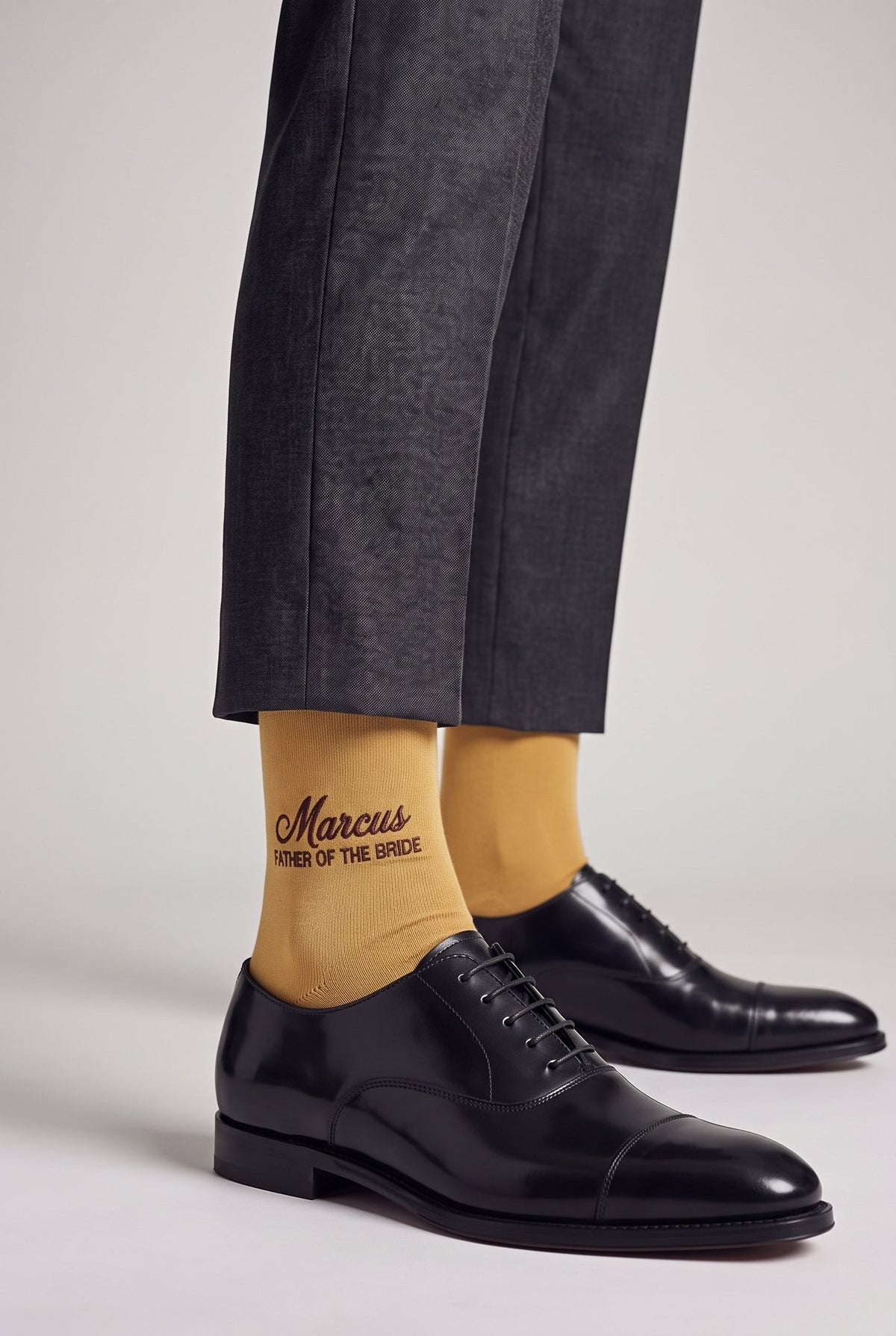Mustard personalized embroidered plain dress socks, worn, second angle — made to order