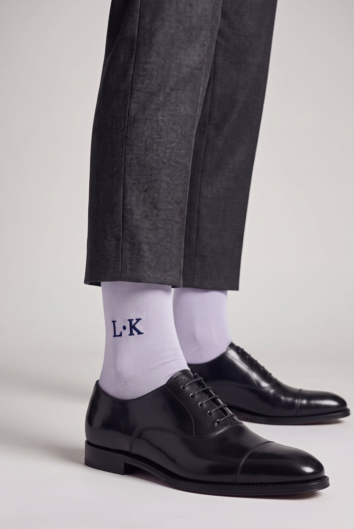 Blue Grey personalized embroidered plain dress socks, worn, second angle — made to order