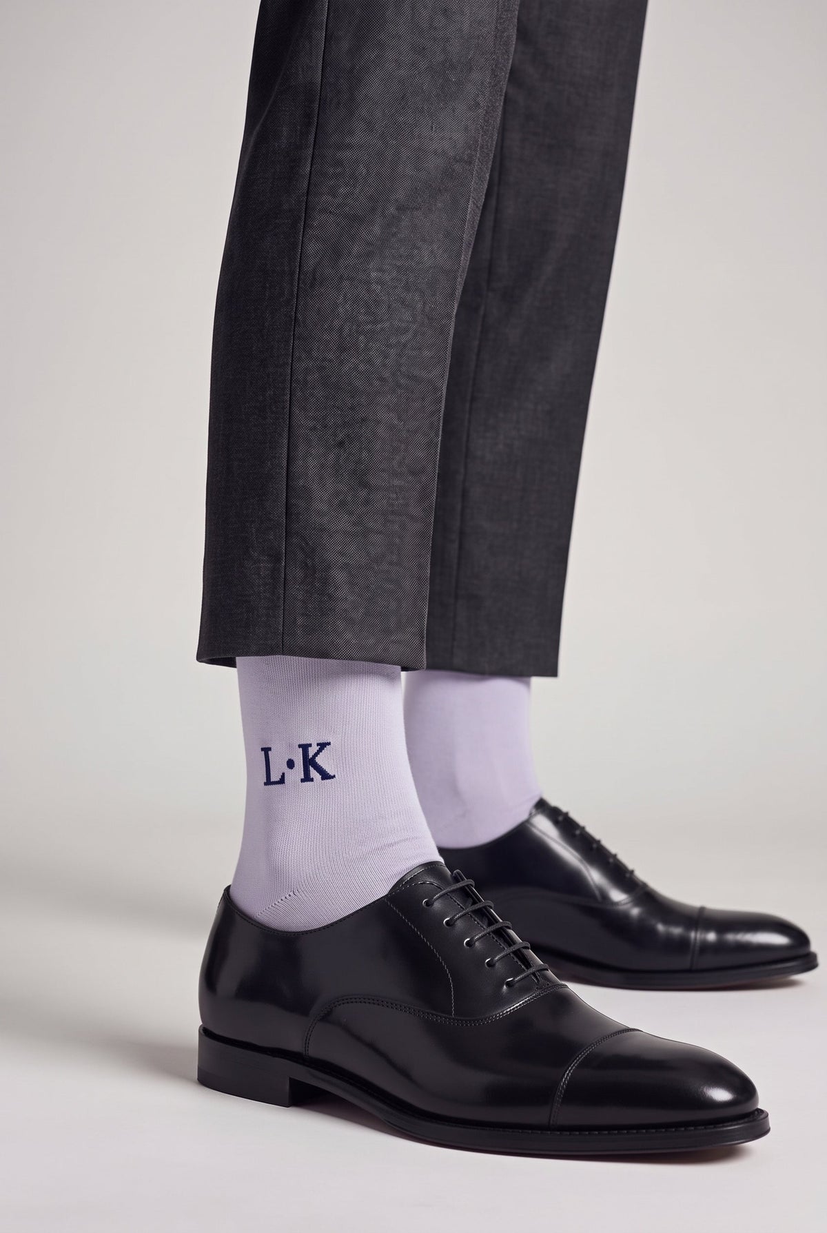 Blue Grey personalized embroidered plain dress socks, worn, second angle — made to order