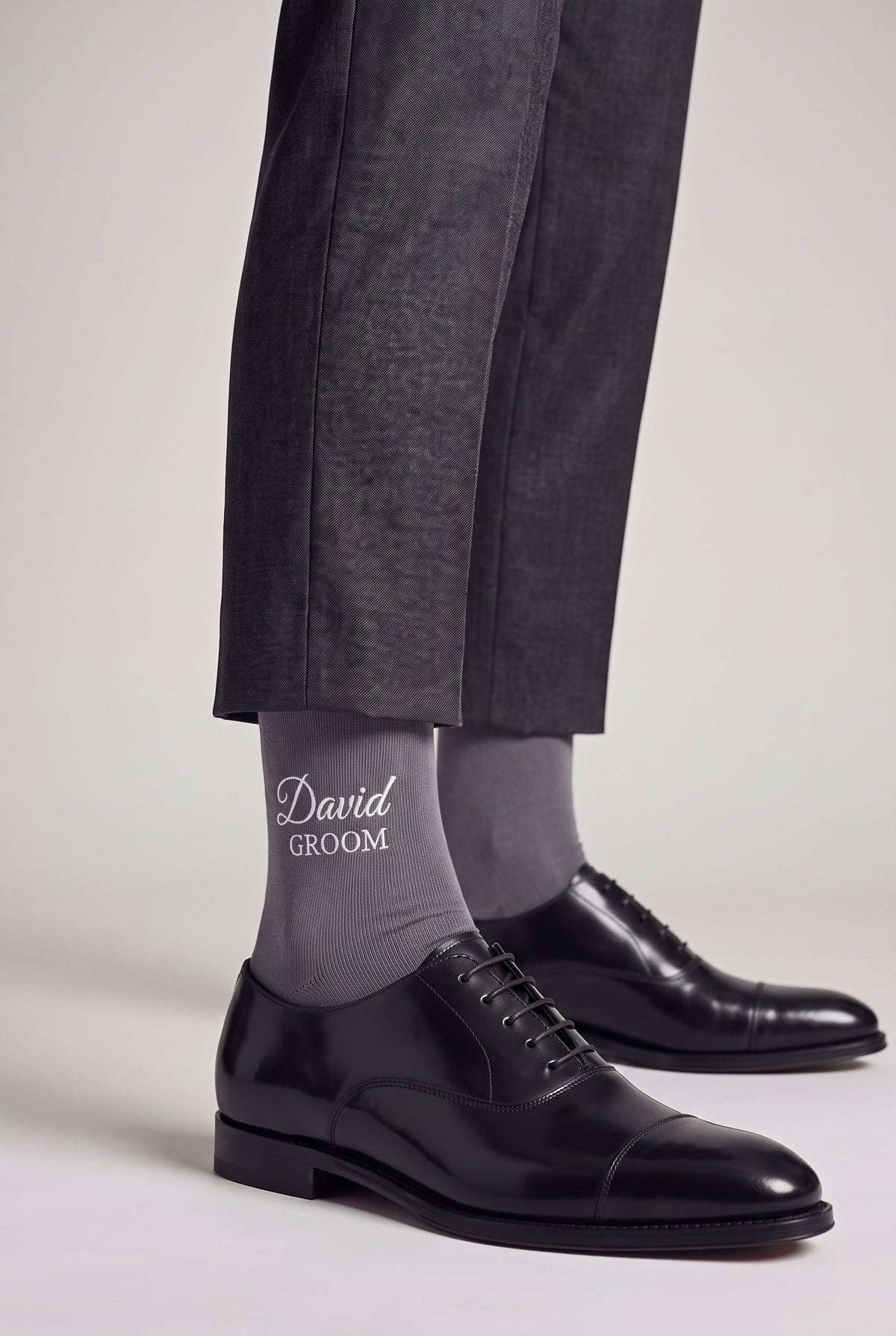Dark Grey personalized embroidered plain dress socks, worn, second angle — made to order