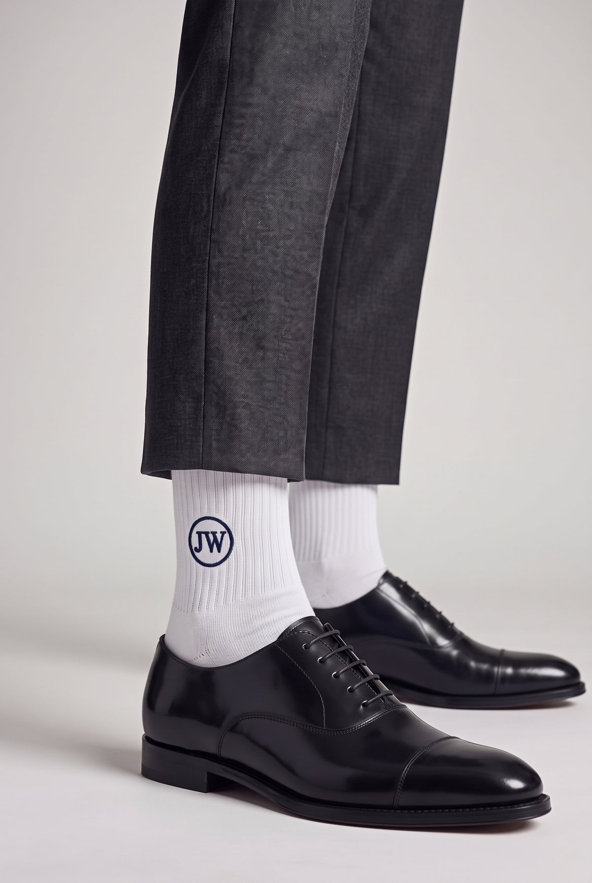 White Grey personalized embroidered plain dress socks, worn, second angle — made to order